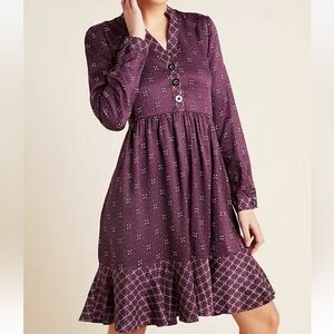 ANTHROPOLOGIE SZ XSP MAEVE GILLIAN ABSTRACT SHIRT‎ DRESS WINE